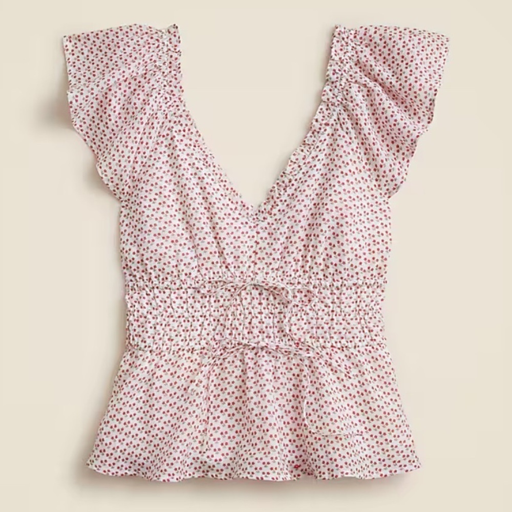 J. Crew Palermo Top in Ramie Ivory Red Print Small Flutter Sleeve Blouse NWT